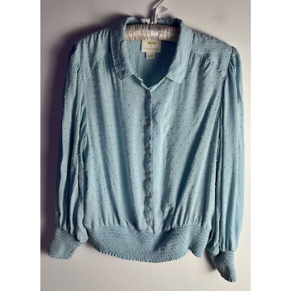 Maeve Anthropologie Womens Blue Rosa Swiss Dot Smocked Hem Blouse Sz XL - Picture 3 of 10